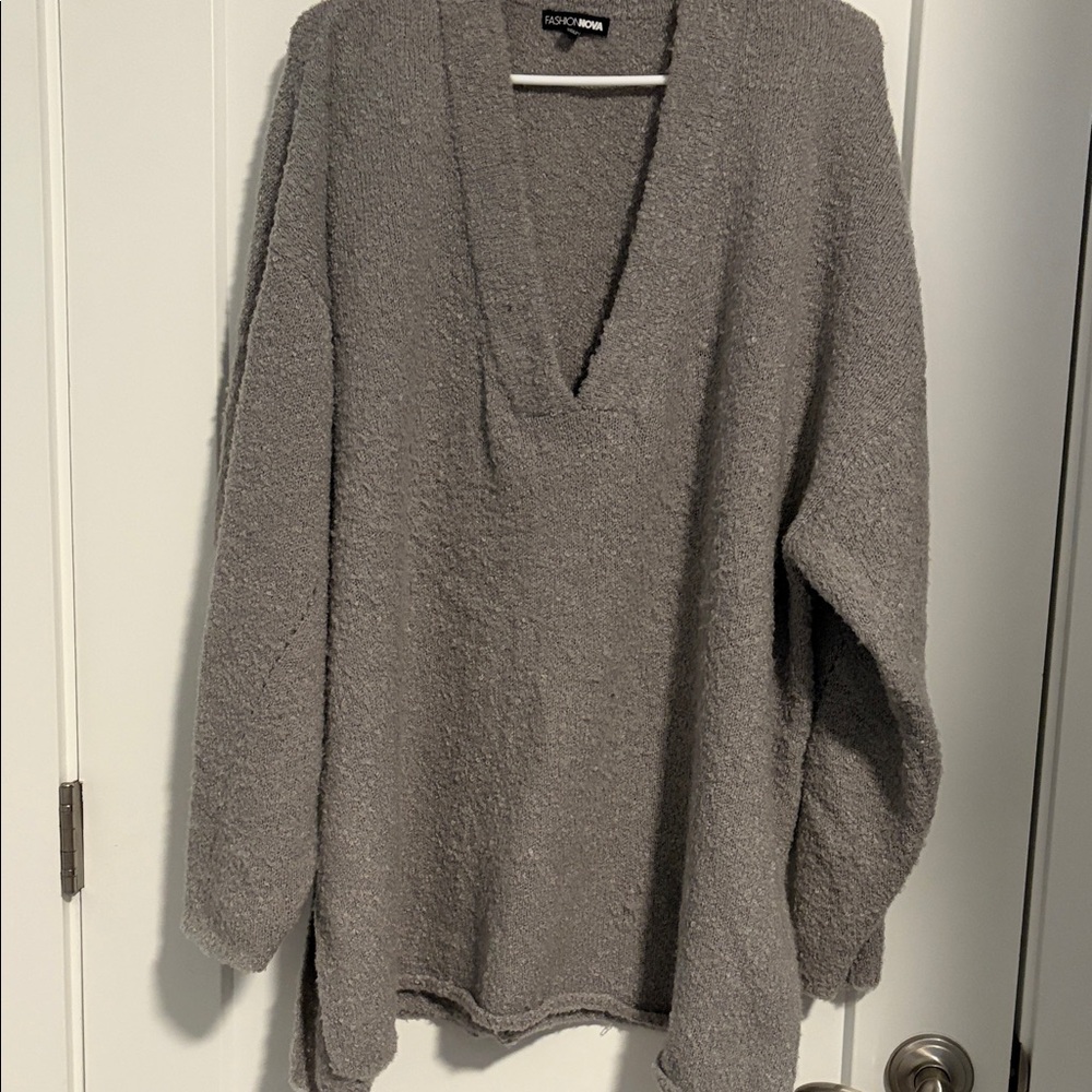 Fashion Nova Heather Gray Plush V-Neck Sweater